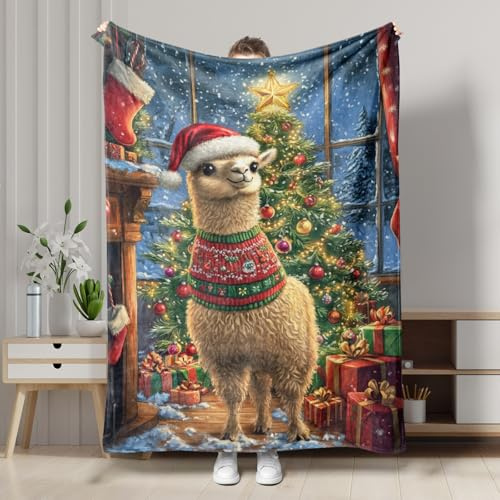Weihnachts-Alpaka-Fleece-Decke, beige, festliche Lama-Dekoration, Überwurfdecke, weicher Plüsch, warm, gemütlich, für Sofa, Camping, Reisen, Picknicks, alle Jahreszeiten, 152,4 x 203,2 cm