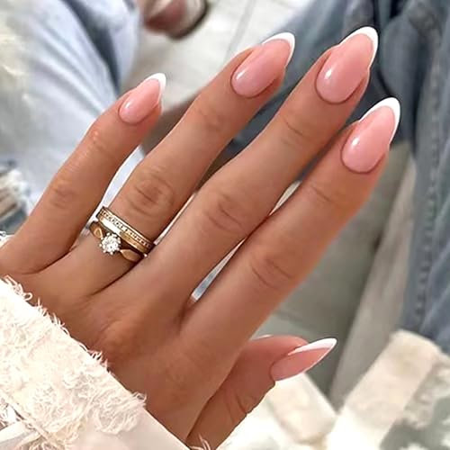 24PCS Stick on Nails - French Tip Nude False Nails with Strong Glue - Almond Shape - Full Cover Fake Nails - White French Nail Tip for DIY Nail Art