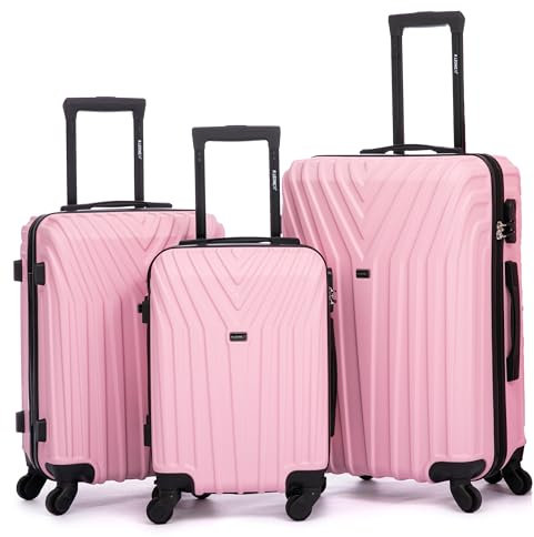 R.Leone Valigia da 1 Fino a Set 4 Trolley Rigido grande, medio, bagaglio a mano e bagaglio low cost 4 ruote in ABS 9001 (Rosa Pastello, Set 3 S M L)