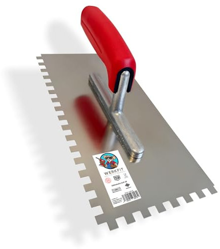 WERKFIT Profi Zahnkelle aus Edelstahl 8 mm - Glättekelle gezahnt Rostfrei - Zahnspachtel mit Softgriff - Traufel Hergestellt in Österreich 280x130mm (8x8mm)