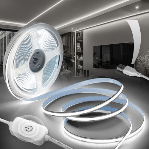 BRIMETI Ruban LED COB USB 5M Autocollant TV Blanc Froid 6000K 5V Dimmable Densité 320LEDs/M Bande Largeur 8mm Lumineuse LED COB Flexible Découpable, Pour Rétroéclairage, Armoire, Chambre