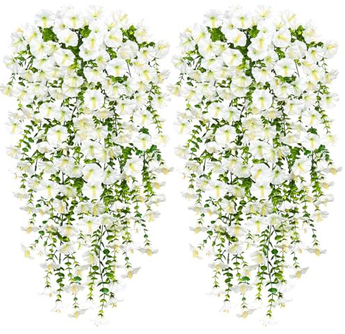 Weldomcor Lot de 4 fleurs artificielles à suspendre - Longues fleurs blanches - Résistantes aux UV - Glycine artificielle à suspendre - Pour mariage, maison, jardin, cour