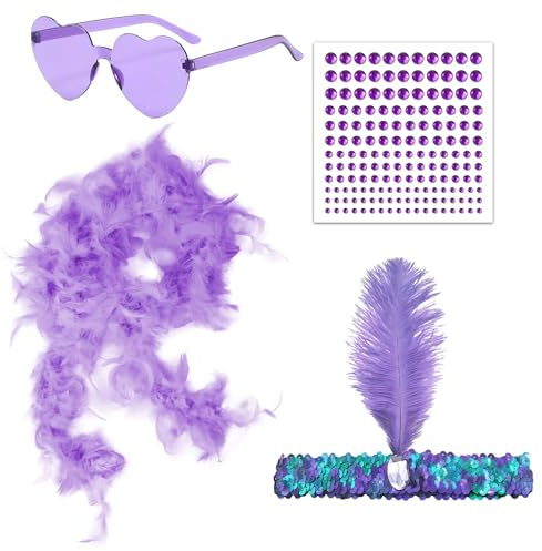 GWAWG Federboa Herz Randlose Sonnenbrille Gesicht Strass und Boa Haarband Basteln Flauschige Federboa Geeignet für weibliche Halloween, Weihnachten, Cosplay, blau, Einheitsgröße (Purple)