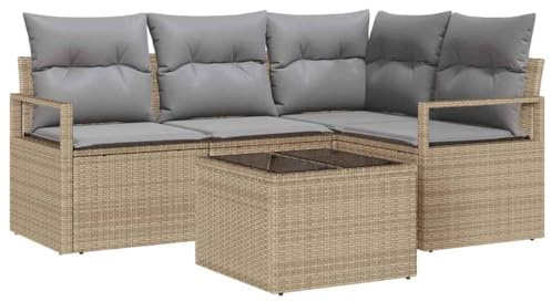 vidaXL 5-teiliges Garten-Sofa-Set mit Kissen in Beige und Grau, handgewebt, modulares Outdoor-Sitzmöbel, witterungsbeständig, bequem für Balkon, Terrasse oder Lounge, UV-beständig