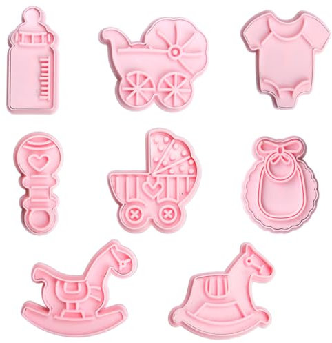8Pcs Baby Shower Cookie Cutters Set – 3D Plastic Moulds in Stroller, Bottle, Cradle, Rocking Horse, Rattle, Onesie & Bib Shapes – Biscuit Cutters & Stamps for Baby Shower Baking Decor