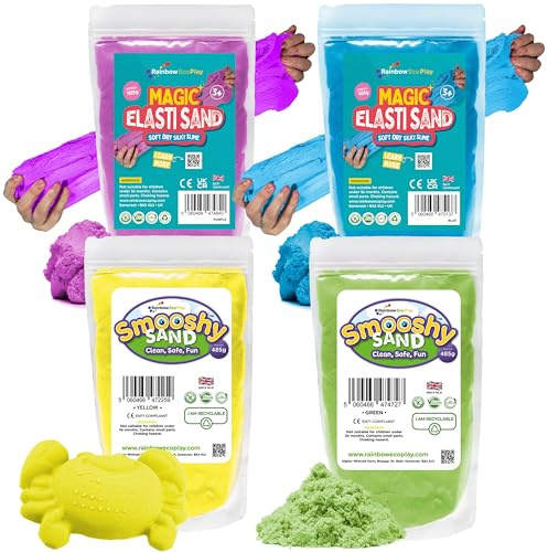 Rainbow Eco Play - Magic Elasti and Smooshy Sand - Assorted Colours – 4 x 485g - Magic Coloured Sand for Kids - Moulding and Stretchy - Ideal for Childrens Sensory Play