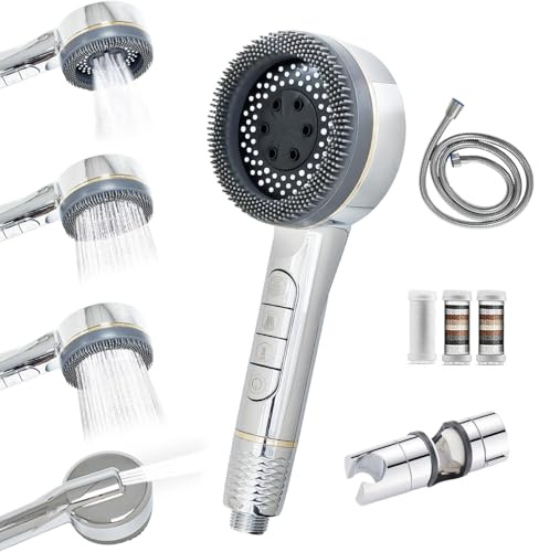 High Preasure Shower Heads with 1.5M Hose and Holder, 4 Spray Modes Filtered Showerhead with ON/Off Switch, Massage Powerful Shower Head for Chlorine Remove(Silver)