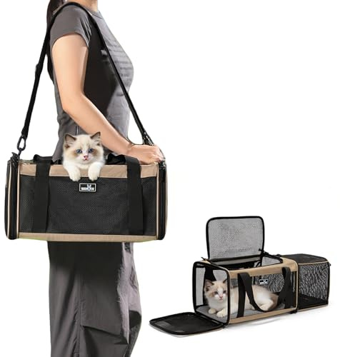 Wakytu Erweiterbare Haustier-Tragetasche für Hunde und Katzen, große Reisetasche mit 5 Netzfenstern (Braun, XXXL)