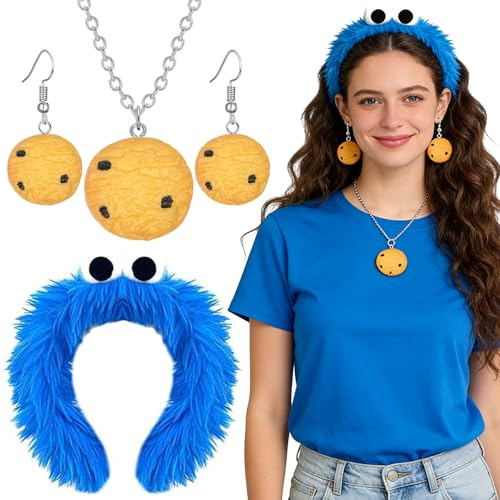 Auzlya Krümelmonster Kostüm Damen,4 Stück Monster Accessoires Set | Keks Halskette, Blau Haarreif, Chocolate Chips Ohrringe,Krümelmonster Accessoires Haarschmuck,Fasching Halloween Kostüm