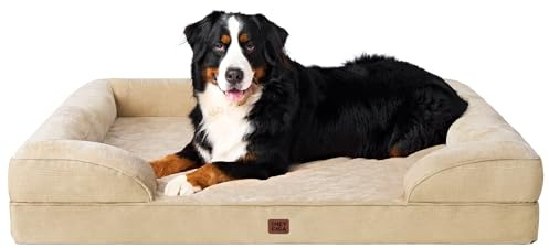 EHEYCIGA Orthopädisches Hundebett Grosse Hunde, 132x104cm, Hellbraun | Orthopädischer Eierkistenschaum, Waschbarer und Wasserdichte Bezug, Rutschfester Boden, Reversibles Design, Atmungsaktiv