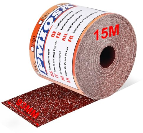 PMIQSA Rouleau de Papier Abrasif 15 m x 93 mm Oxyde D’Aluminium Grain 40 | Papier de Verre en Toile émeri à Base de Tissu pour Le Bois, Le MéTal, La Peinture pour Ponceuses Vibrantes et Manuelles