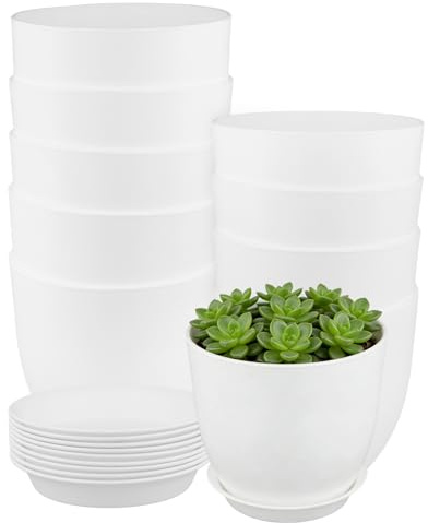 JIAYUET 10 Pack 16cm Plastic Plant Pots with Drainage Holes and Saucers, 6 Inch White Heavy Duty Flower Pots for Indoor Plants, Succulents