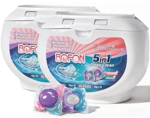 BOFON Waschmittel Pods 5-in-1 Formel Waschmittelblätter Waschkraft mit hautschonenender Forme Geeignet für empfindliche Haut und Babys 30 Wäschen (60 stück (2er Pack))