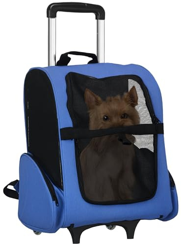PawHut Sac de Transport à roulettes pour Chien 2 en 1 Trolley Chariot Sac à Dos pour Chien Chat avec poignée téléscopique, Sacs de Rangement, aérations, Attache de sécurité, 42 x 25 x 55 cm, Bleu