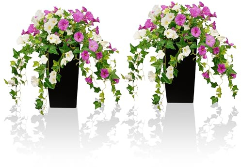MixcMax Set of 2 Artificial Flowers with Black Tall Planter Pot, Fake Viola Flowers Faux African Violet Plants Outdoor Indoor Decoration for Home Garden Porch Balcony Patio Wedding (Petunia)