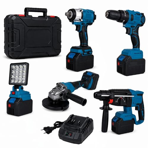 Kit Elettroutensili a Batteria 88V Brushless - COMPRENDE Cassetta con Trapano - Avvitatore Percussione - Avvitatore Impulsi - Smerigliatrice - Tassellatore SDS e Caricatore - Set Professionale