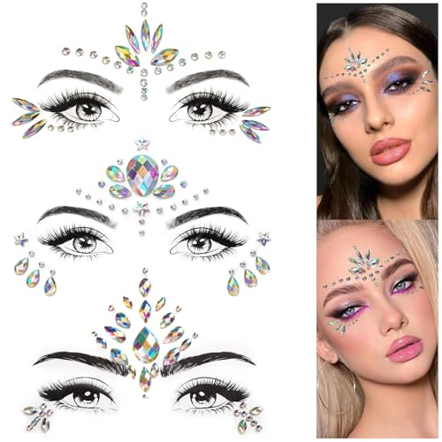 3 Pcs Strass e Brillantini Adesivi per Viso, Adesivi con Cristalli e Paillettes per Festival, Carnevale e Feste, Decorazioni Glamour per il Trucco