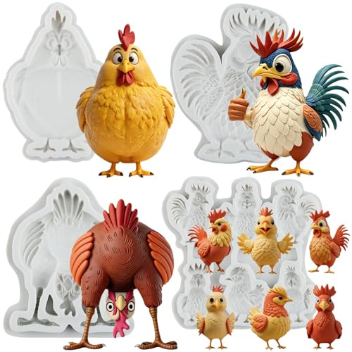 MYPRACS Bauernhoftiere Silikonformen Hahn Huhn Fondant Formen 4er Set | Kuchendekoration Cupcake Topper Schokoladen Zuckerbastelei Süßigkeiten Polymer Clay Gum Paste