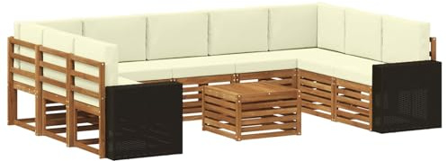 vidaXL Sofagarnituren 10 pcs Natur und Creme Massivholz Akazie, Gartenmöbel, modernes Outdoor-Sofa, gemütliche Sitzgruppe für Terrasse und Lounge, langlebig und bequem