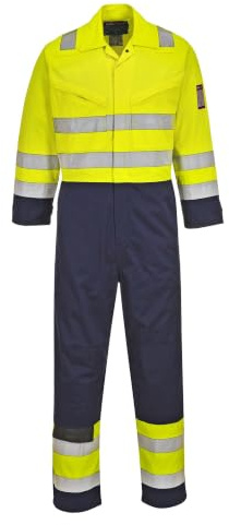 Portwest MV28 Modaflame Work Hi-Vis Multi-Norm Contrast FR Coverall Durable | Yellow/Navy, Large, EN 61482-1-2 Class 1, EN ISO 20471 Class 3, Secure Fit, 39% Cotton, Back Pocket, Rule Pocket, 8 Pockets
