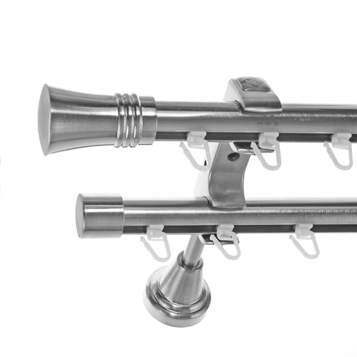 BASIT Gardinenstange Innenlauf Edelstahllook 20mm 2-läufig Wand 280cm H60II | Gardinenstangenset doppelläufig Wandmontage Metall Vorhangstange Wandhalterung 120-600cm wählbar Kappe Knauf E86