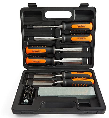 VonHaus Chisel Set - 8pcs Woodworking Tools Set - Wood Carving Tools, Wood Chisel Sets with Sharpening Stone, Honing Guide and Storage Case - Chrome Vanadium, Bevel-Edged Chisel Set