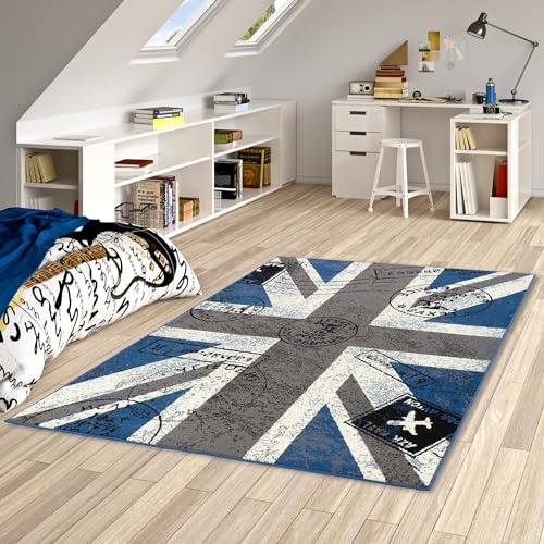 Pergamon Teppich Trendline Union Jack Grau Blau in 5 Größen
