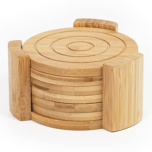 Woodluv Set of 6 Round Wooden Coasters With Holder, Heat & Water Resistant Mat For Coffee Beer Mug Wine Glass Bottle
