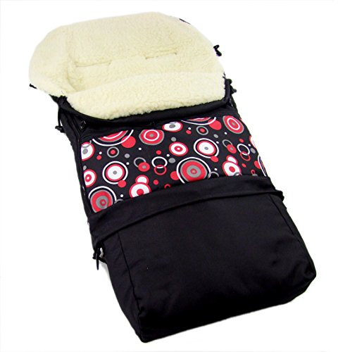 Rawstyle 3 in 1 Winterfußsack (Schwarz + Kreise Rot) 110cm & 85cm *Muster* aus LAMMWOLLE für Kinderwagenschale, Kinderwagen, Schlitten und Buggys Fußsack Wolle