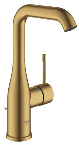 GROHE Essence, Waschtischarmatur hoch, wassersparend (Wasserhahn für das Bad, mit Zugstangen-Ablauf, 24cm hoch, langlebige Oberfläche, einfache Installation am Waschbecken), gold, 32628GN1