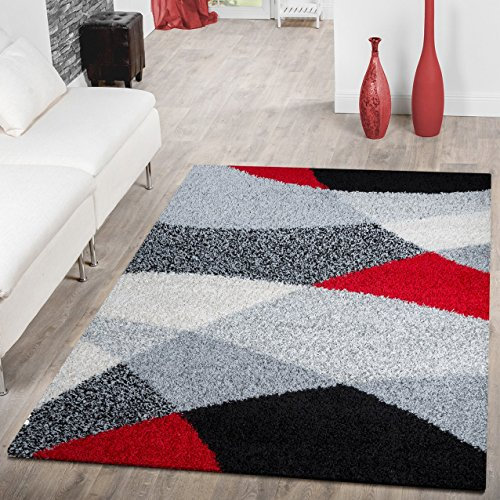 T&T Design Moderner Hochflor Teppich Shaggy Vigo Gemustert in Schwarz Grau Weiß Rot Top Preis!!, Größe:160x220 cm