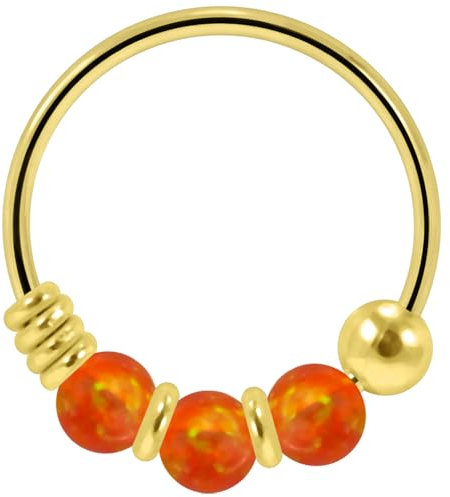 Monster Piercing Goldenes Nasenpiercing Nasenring Septum 9K Gold 22 Gauge mit 3 Opal Perlen Orange Biegbar Durchmesser: 8mm Ringstärke: 22G (0,6 mm) Nase Piercing Hypoallergen