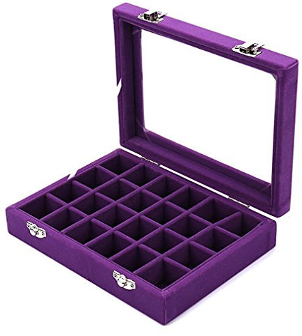 LANTWOO 24 Grids Velvet Glass Ring Earrings Jewelry Box Earrings Organiser Storage Holder Display Case