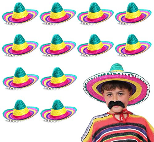 Sombrero mexicano multicolor para niños con bordes de pompón, accesorio para disfraz, sombrero de paja para vacaciones, paquete de 1, rosso, Paquete de 1