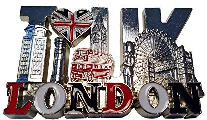My London Souvenirs Metal Silver Decorative Magnet, Large, London Icons and Word, I Love UK with Union Jack Heart, 1 Piece, UK