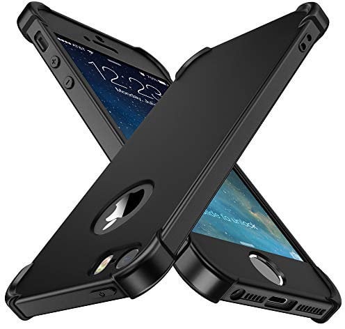 ORETECH Coque Compatible avec iPhone Se 2016 5 5S, avec 2 x Protecteur D'écran en Verre Trempé Housse Hybride Robuste 2 en 1 Antichoc Mince AntiRayures Dur PC TPU Etui pour iPhone Se 2016 Noir