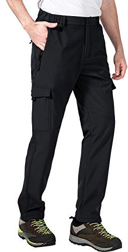 AOLI RAY Herren Wanderhose Wasserdicht Thermohose Berghose Trekkinghose Outdoorhose Funktionshose Gefüttert Warm Softshellhose mit Multi Taschen Schwarz XXXL