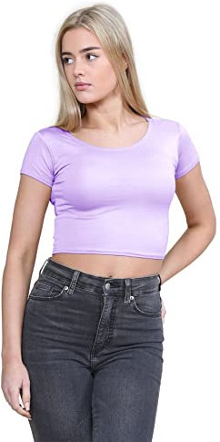 janisramone® Women's Plain Stretchy Vest Tee Mini Crop Top - Chic Cap Sleeve, Y2k Top Summer Style, Ideal Crop Tops for Women for Casual and Gym Wear Lilac
