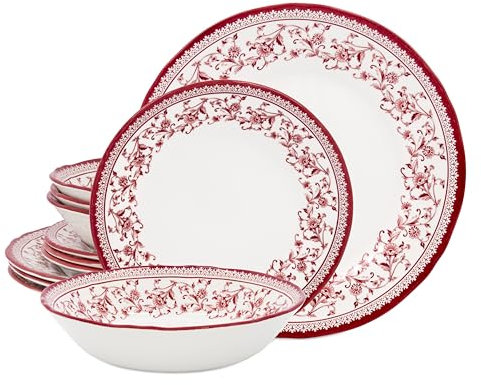 Tudor Royal Collection 12-Piece Premium Quality Porcelain Dinnerware Set, Service for 4 - Aster Pink; See More Designs Inside!