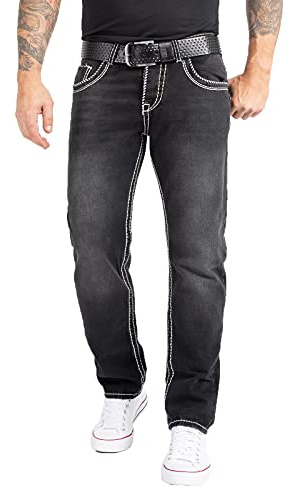 Rock Creek Herren Jeans Hose Comfort Fit Dicke Nähte Jeans Herrenjeans Herrenhose Denim Stonewashed Basic Weites Bein Raw RC-2169 Dunkelgrau W34 L32