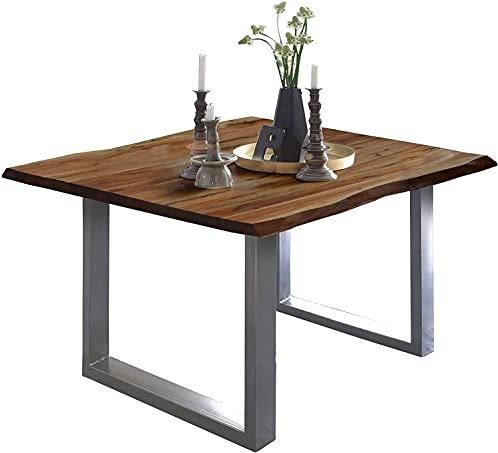 SAM Baumkantentisch 80x80 cm Mephisto, Akazienholz massiv + nussbaumfarben lackiert, Esstisch mit Silber lackiertem U-Gestell, Esszimmertisch/Holztisch, Tischplatte 26 mm