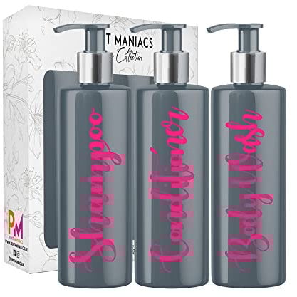 Print Maniacs 3 Set Mrs Hinch Inspired Grey Personalised 500ml Dispenser Pump Bottles Shampoo Conditioner Body Wash (Pink)
