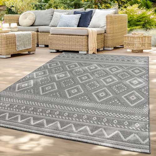 TT Home In-& Outdoor Teppich Wetterfest Balkon Küche Wohnzimmer Boho Rauten Design, Farbe: Grau 2, Größe:60x100 cm
