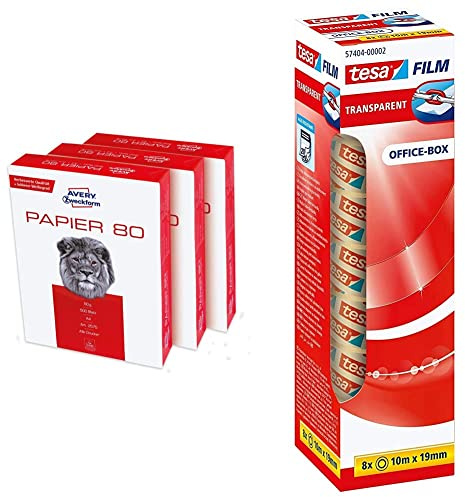 AVERY Zweckform 2575 Druckerpapier, Kopierpapier (1.500 Blatt, 80 g/m², DIN A4 Papier, weiß, für alle Drucker) 3 Pack & tesafilm transparent - Transparentes Klebeband -10 m x 19 mm 8er Pack