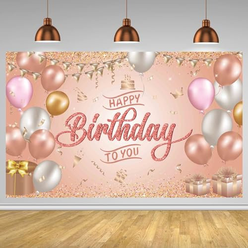 OSDUE Happy Birthday Banner, Geburtstag Dekoration Roségold, Deko für Mädchen und Frauen, Foto Hintergrund Poster für Geburtstagsfeier