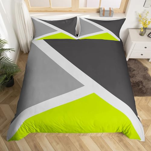 Homewish Lime Green and Gray Single Duvet Cover Set with 1 Pillowcase - Single Size, 100% Soft & Breathable Polyester, Zip Closure - Geometric Bedding - Modern Simple Pattern with Black Reverse