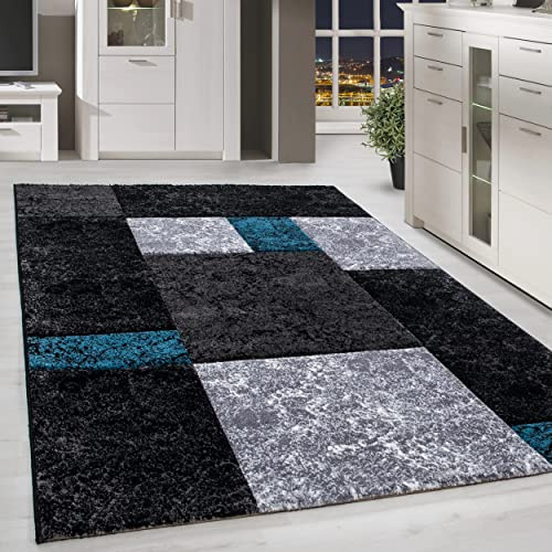 HomebyHome Teppich 240x340 cm XL Kurzflor Konturenschnitt in Schwarz Grau Blau Kariertes Design, Extra Weich, Waschbar, Pflegeleicht Für Großes Wohnzimmer oder Esszimmer