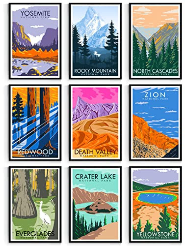 NOFICHE 9 Stück Nationalpark-Poster, Amerika, Reisen, Naturlandschaft, Wandkunst, Dekor, Rocky Mountain, Zion, Yellowstone, Yosemit, Redwood-Poster, HD-Druck auf Leinwand, ungerahmt für Wohnzimmer,