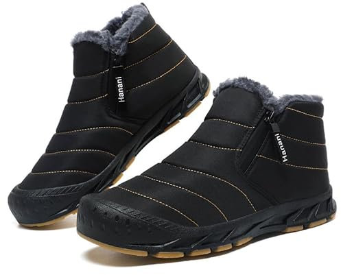 ziitop Winterschuhe Herren Warm Gefüttert Schneestiefel Reißverschluss Kurzschaft Stiefel Flach Winter Outdoor Boots Bequem Rutschfeste Winterstiefel Schwarz 46 EU