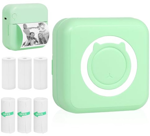 KozyOne Stampante termica portatile, senza inchiostro, con 3 rotoli di adesivo e 3 rotoli di carta termica, stampante Bluetooth senza inchiostro per etichette, foto, note e altro ancora. (Verde)